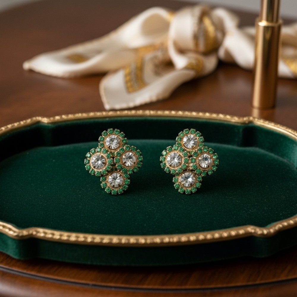 Green and Gold Earrings with Quatrefoil Design